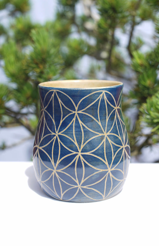 Flower of life mug blue sgraffito