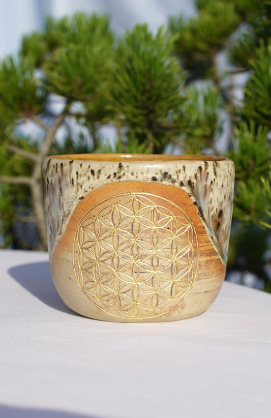 Cocoa ceremony mug with flower of life 24 carat gold