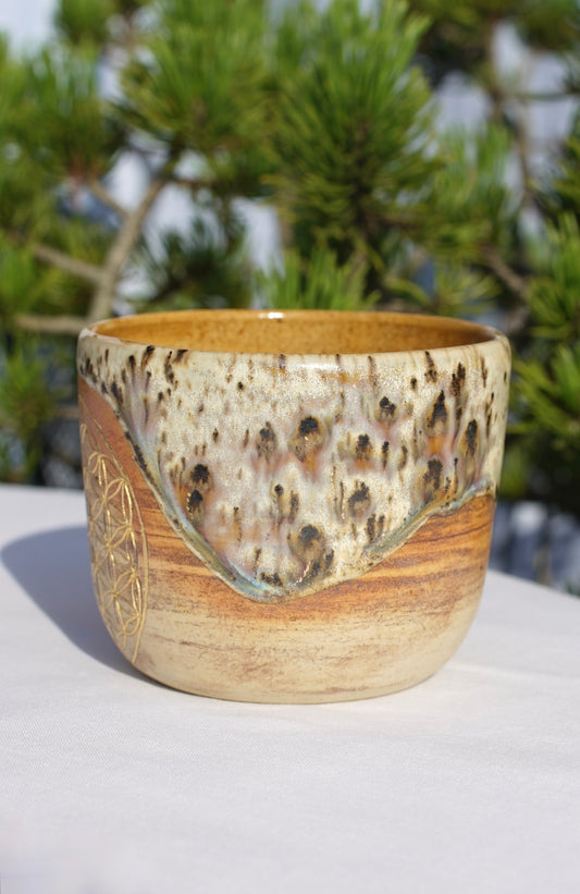 Cocoa ceremony mug with flower of life 24 carat gold