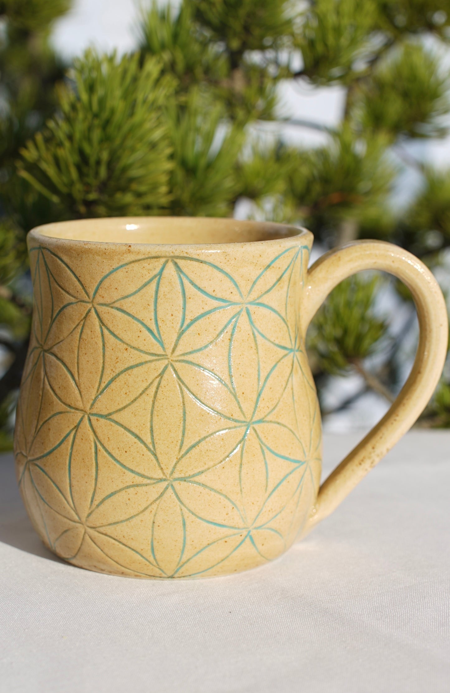 Flower of life jade sgraffito mug