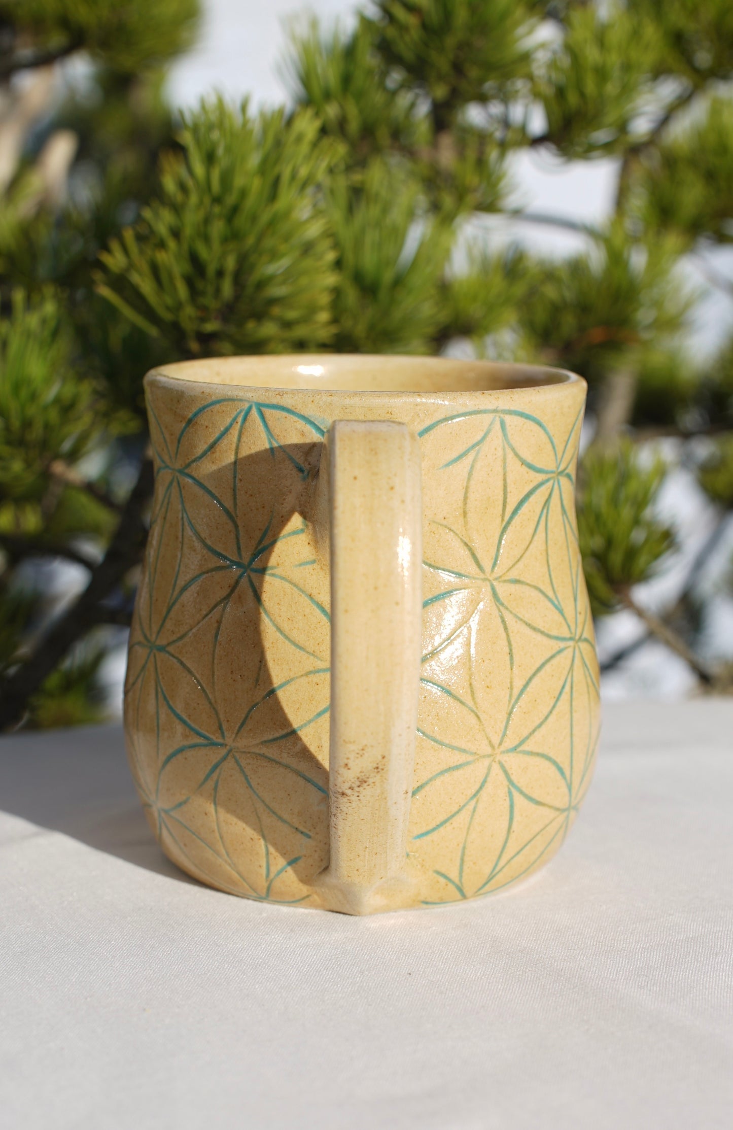 Flower of life jade sgraffito mug