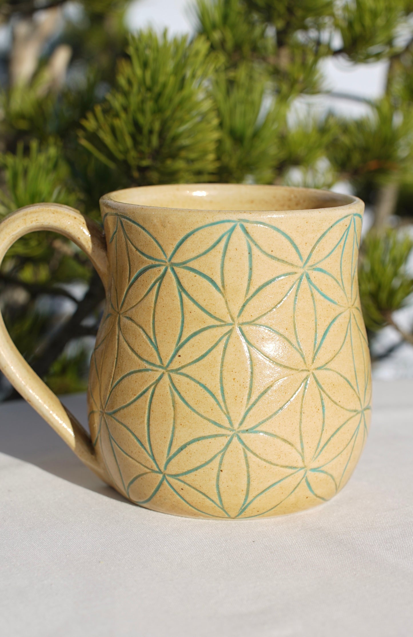 Flower of life jade sgraffito mug