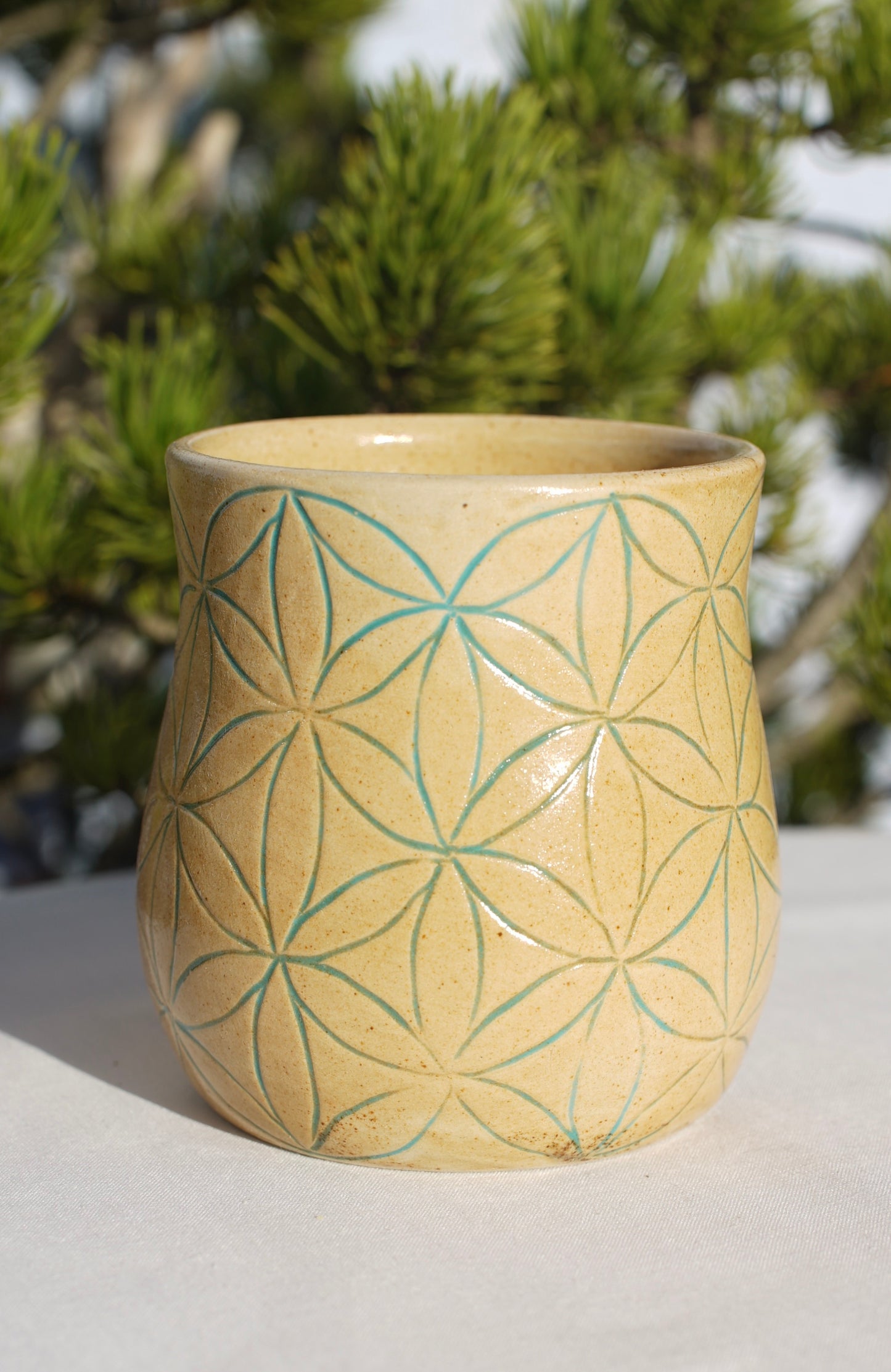 Flower of life jade sgraffito mug